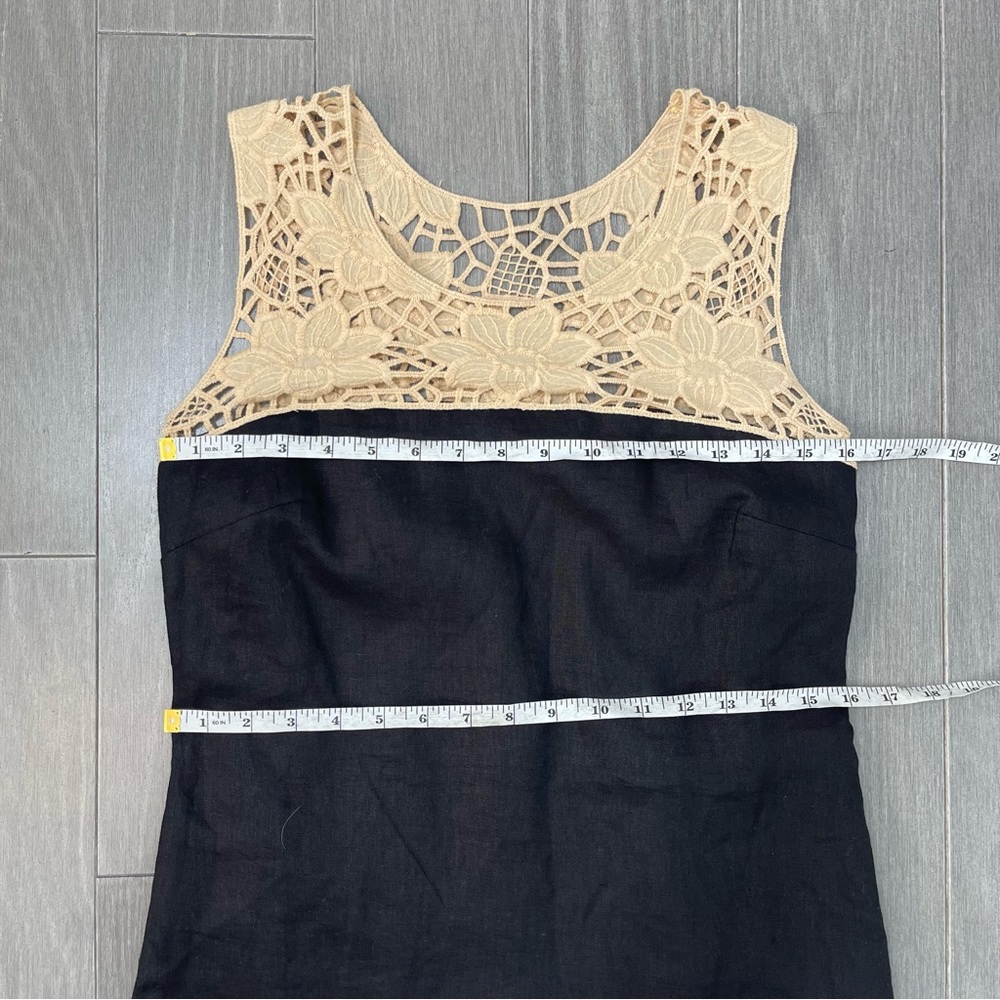 NWT LOFT Black Linen Shift Mini Dress Beige Crochet Lace Floral Neck Color Block - Picture 11 of 13